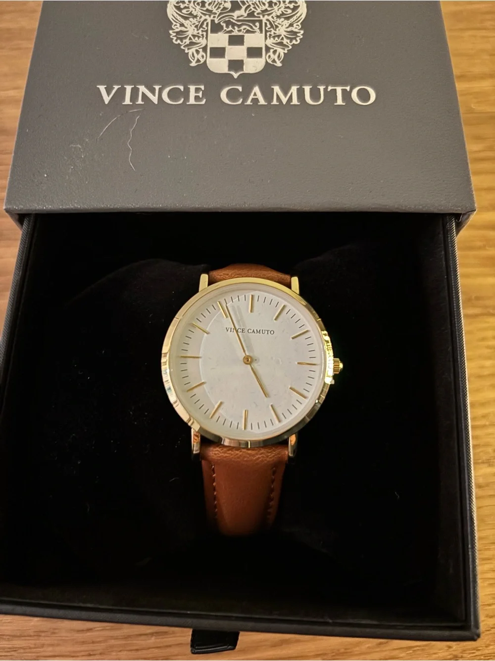 Vince Camuto gold-tone analog watch white dial and brown leather strap new